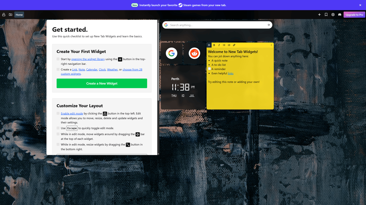 Screenshot of a freshly installed New Tab Widgets extension showing a 'Get Started' guide, sticky note, digital clock, and links.