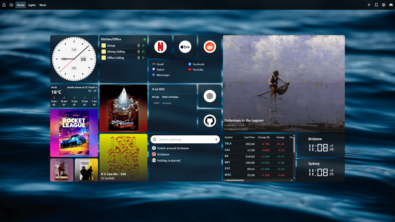 New Tab Widgets dashboard with various productivity widgets
