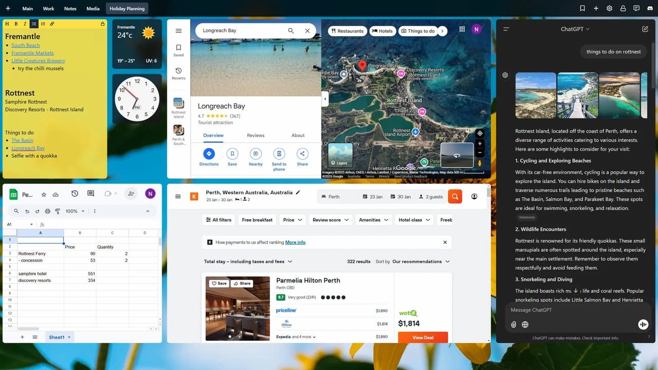 Screenshot of a custom New Tab Widgets dashboard with sticky notes, weather, and clock widgets. Additionally, Google Sheets, Google Maps, KAYAK.com and ChatGPT are integrated with iframe widgets to facilitate planning a holiday.
