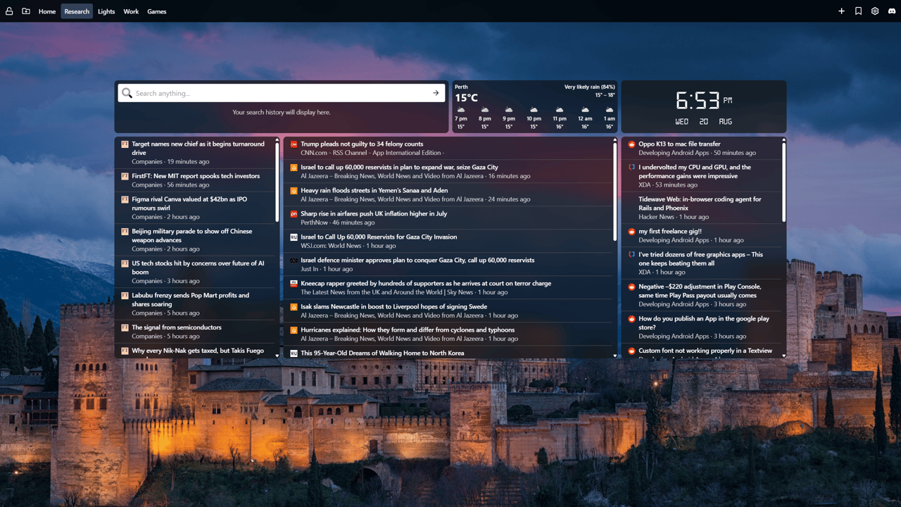 Screenshot of a New Tab Widgets Chrome Extension dashboard showing RSS feed widgets with live news and forum updates, alongside weather, clock, and search bar.