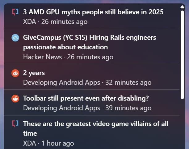 Close-up of an RSS feed widget in New Tab Widgets, showing recent headlines from XDA, Hacker News, and Reddit. The feed displays article titles, sources, and timestamps in a clean list format.