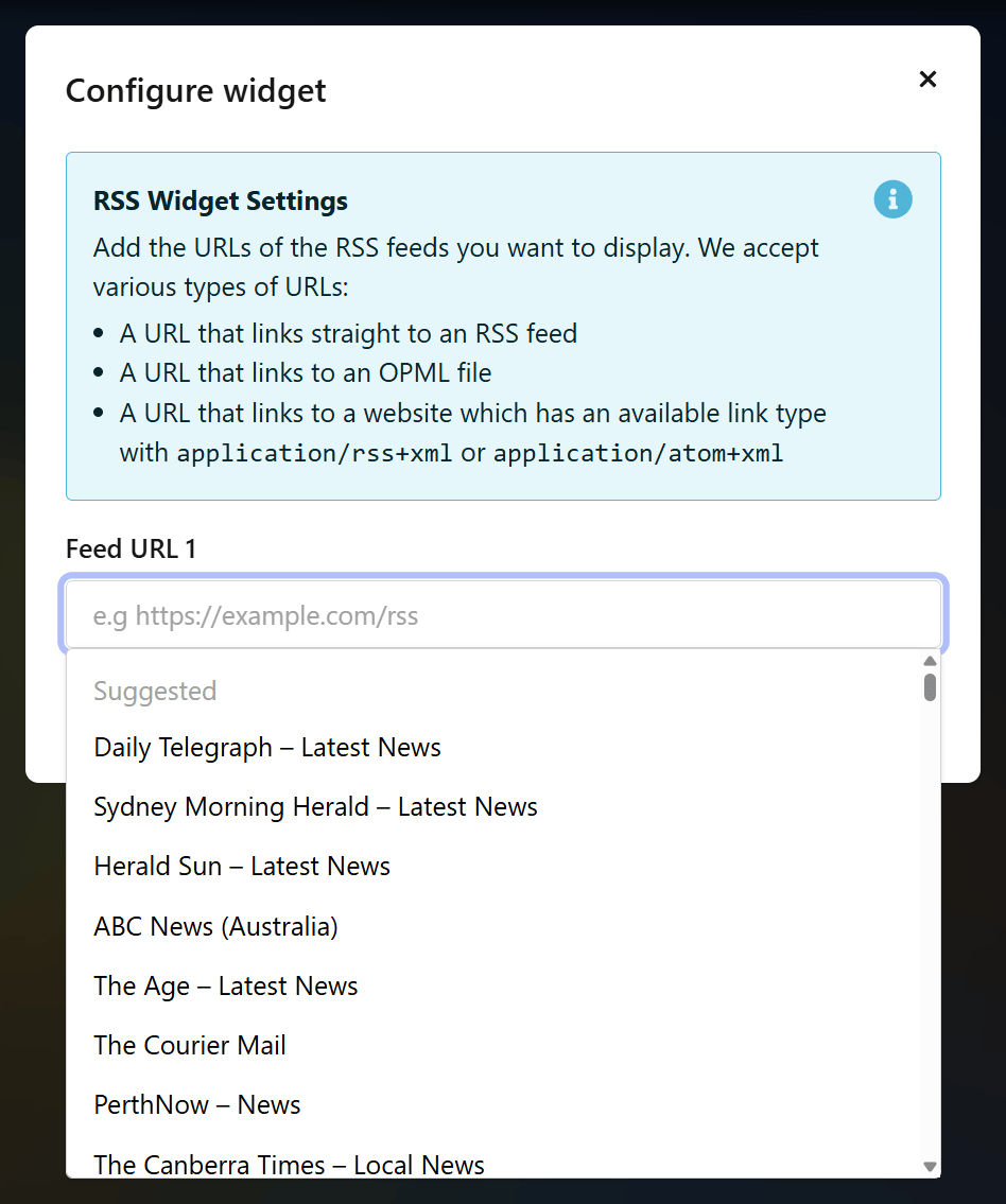 Configure RSS widget screen in New Tab Widgets, showing settings to add feed URLs with examples like Daily Telegraph, Sydney Morning Herald, Herald Sun, ABC News, and more suggested news sources.