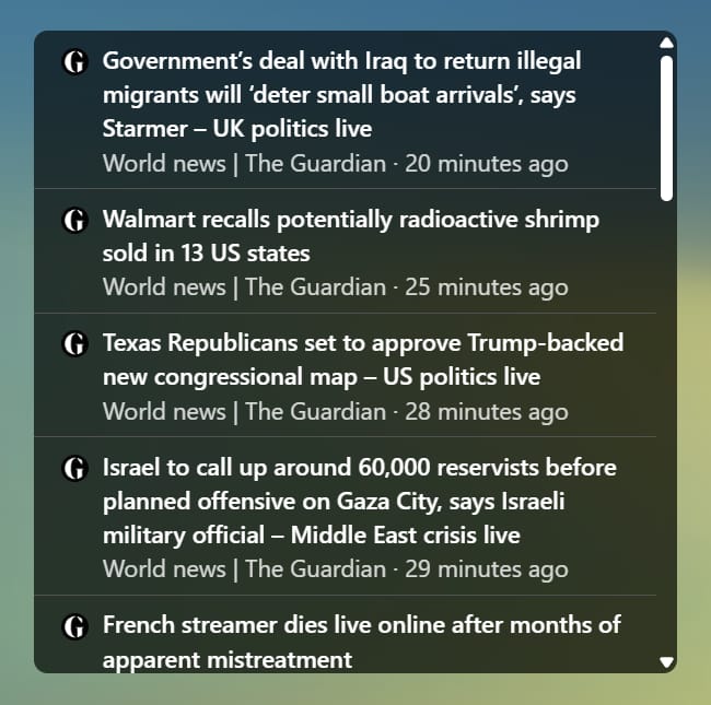 RSS feed widget in New Tab Widgets showing The Guardian headlines, including UK politics, US politics, Middle East news, and breaking stories, with timestamps for each article.
