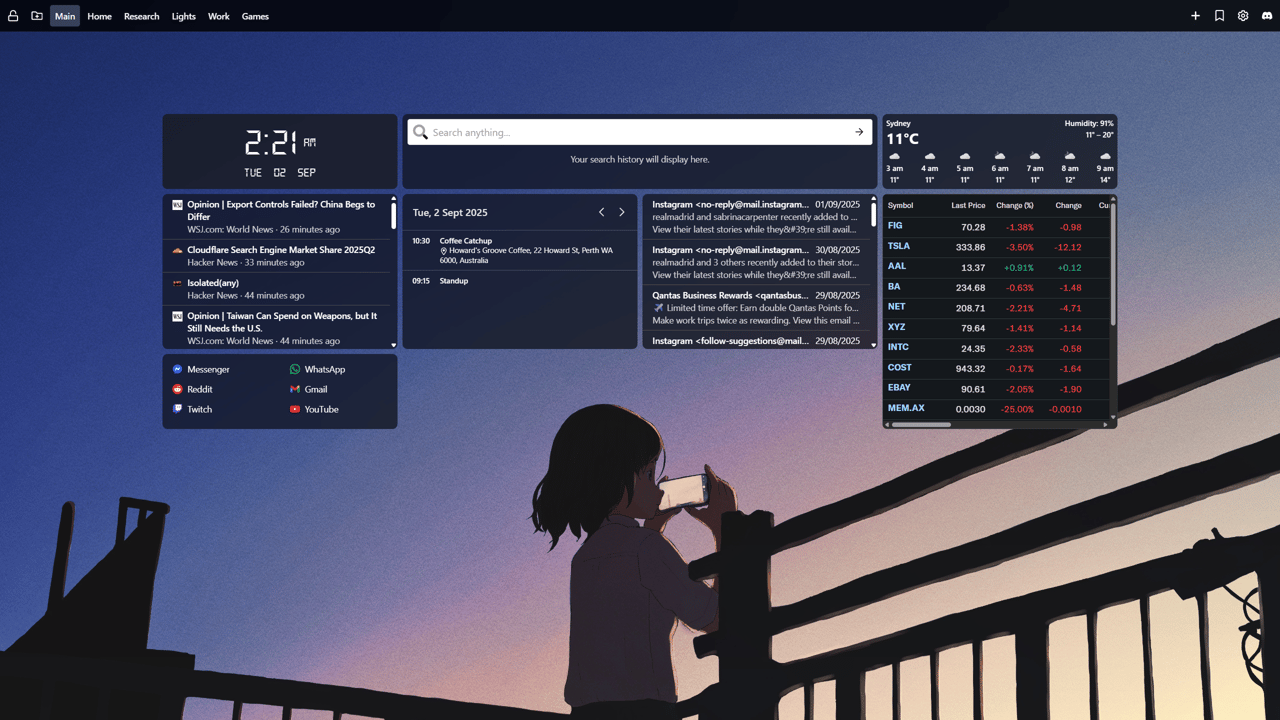 New Tab Widgets dashboard showcasing a digital clock, search bar, weather, RSS feed, calendar, Gmail, an iframe embedding Yahoo finance stock tickers, and a link group with various website shortcuts.