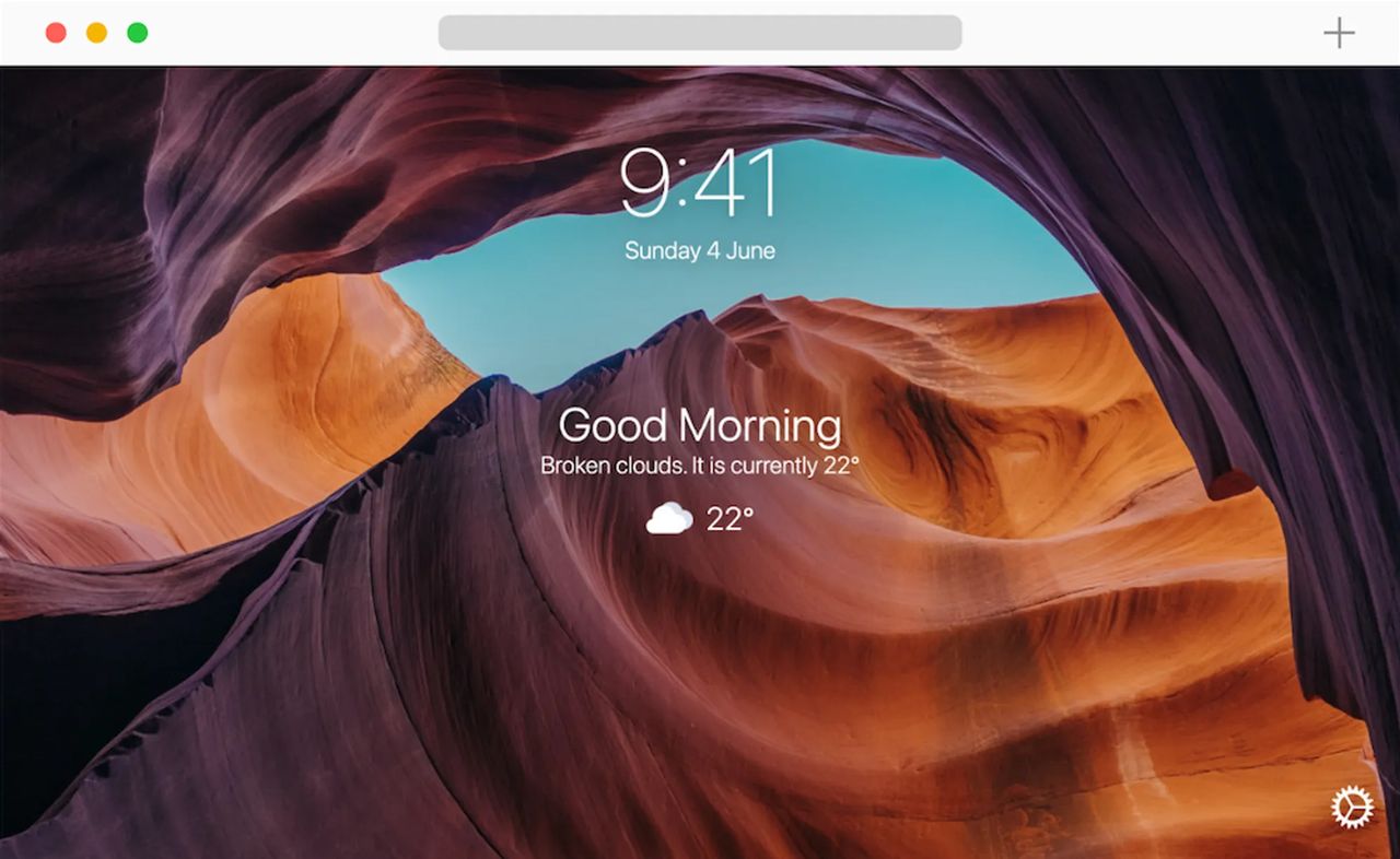 Bonjourr Chrome new tab extension with minimalist design showing large digital clock at 9:41, date, morning greeting, live weather with 22°C and broken clouds, set over a scenic canyon background.
