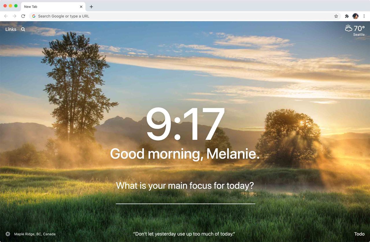 Momentum new tab dashboard showing a full-screen nature background with sunrise, large digital clock at 9:17, personalized greeting 'Good morning, Melanie', daily focus question, Seattle weather, and motivational quote.