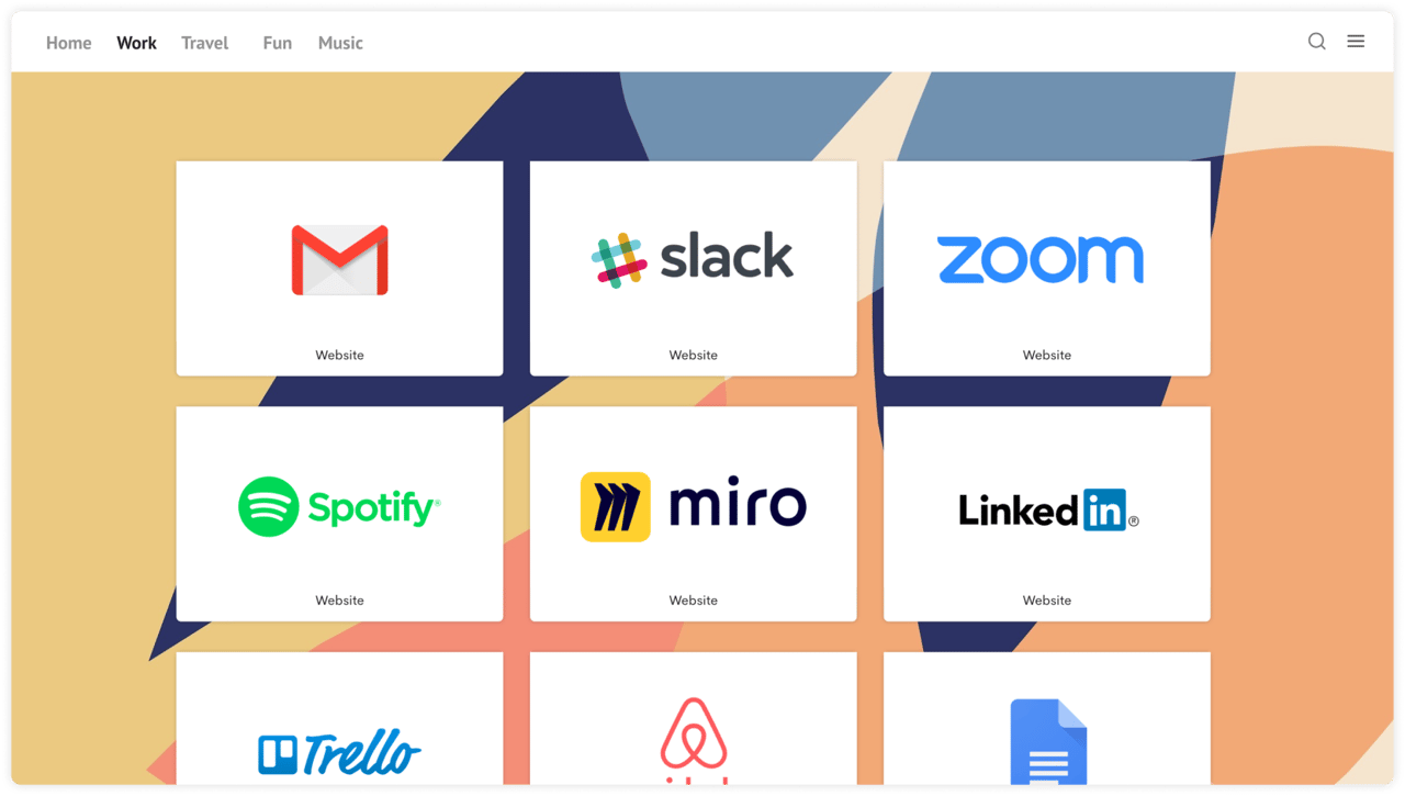 Speed Dial 2 Chrome new tab extension showing a customizable grid of bookmarks with icons for Gmail, Slack, Zoom, Spotify, Miro, LinkedIn, Trello, Airbnb, and Google Docs, organized into tabs like Home, Work, Travel, Fun, and Music.