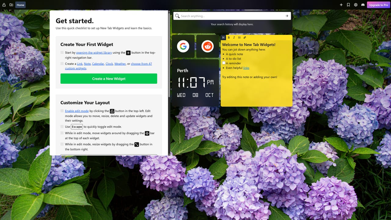 Browser new tab setup page with a floral hydrangea background. The left panel titled ‘Get started’ shows setup instructions for creating and customizing widgets, including a green ‘Create a New Widget’ button. On the right side, a digital clock widget displays the time 11:07 PM in Perth, and a yellow sticky note widget titled ‘Welcome to New Tab Widgets!’ lists example uses such as a quick note, to-do list, or reminder. At the top, there is a search bar and link widgets for Google and Reddit.