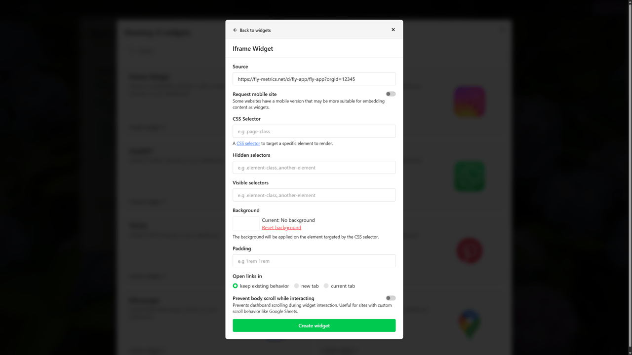 A modal window titled "Iframe Widget" displays configuration options for embedding a web app on a dashboard with a variety of settings that can be configured.