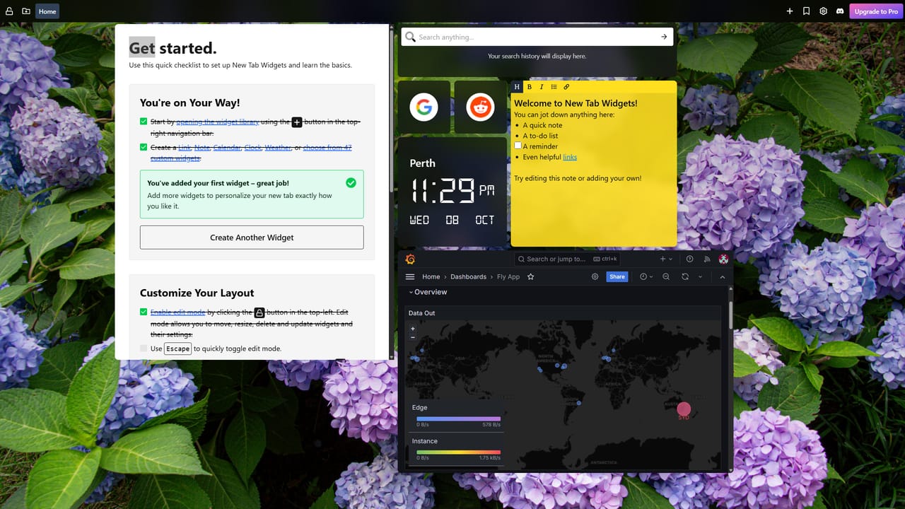 An iframe widget embedded on a New Tab Widgets dashboard, displaying a Grafana dashboard with various panels showing server performance metrics, application logs, and traffic data.