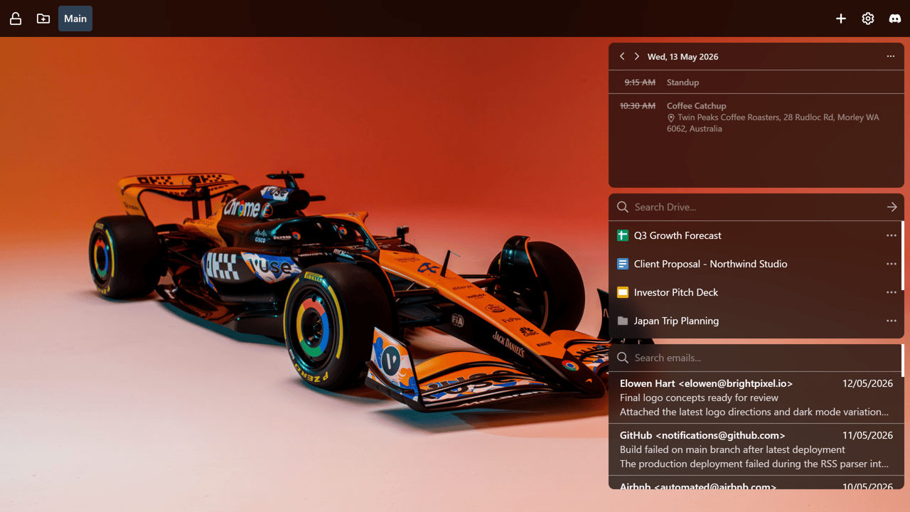 Screenshot of a customizable browser new tab dashboard featuring a McLaren Formula 1 car wallpaper. The layout includes widgets for calendar events, Google Drive files, and Gmail messages displayed in a dark translucent sidebar. The calendar shows meetings like standup and coffee catchup, while the Drive widget lists business documents and trip planning files. The Gmail widget displays realistic email previews including design feedback and GitHub deployment alerts. Top navigation includes page tabs, settings, and add widget controls.