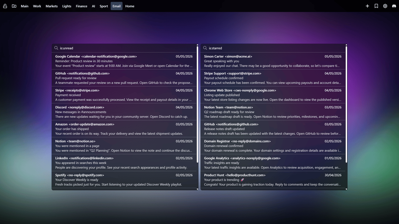 Dark-themed customizable new tab dashboard showing two Gmail widgets side by side. The left widget is filtered to “is:unread” displaying recent unread emails like Google Calendar reminders, GitHub pull requests, and Stripe receipts. The right widget is filtered to “is:starred” showing important messages such as collaboration emails, payout confirmations, and analytics updates. Navigation tabs for different dashboards (Main, Work, Markets, Email, etc.) appear along the top.