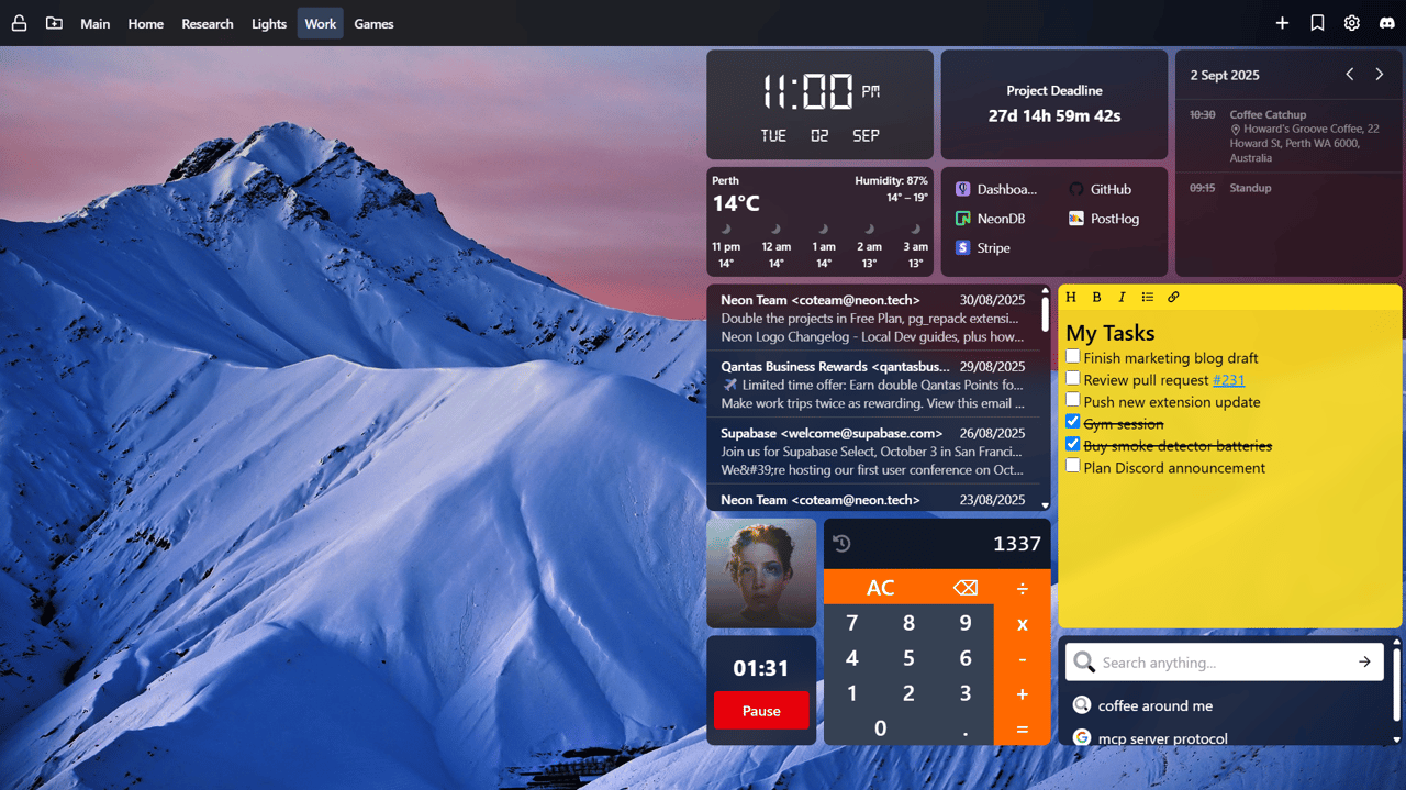Productivity-focused Chrome new tab extension screenshot: New Tab Widgets displays a digital clock, Perth weather, project deadline countdown, Gmail inbox feed, quick-link tiles, calendar events, sticky-note to-do list, active timer widget with Pause, calculator, and universal search on a mountain background.