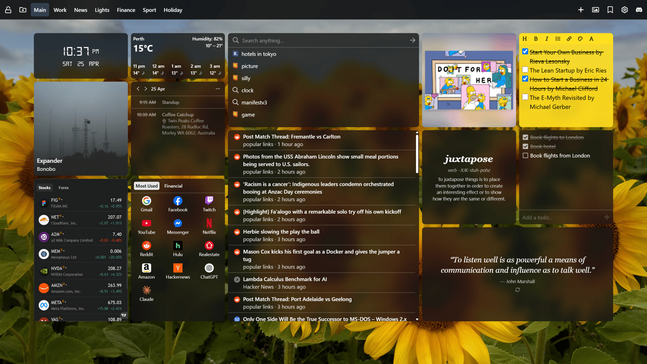 Custom Chrome new tab dashboard using New Tab Widgets extension showcasing a digital clock, weather, Google calendar events, task list in a sticky note widget, music player controls for Spotify, a project deadline countdown, TradingView finance stock market tracker, RSS news feed, calculator, Philips Hue smart home lighting controls, CPU and memory monitors, search bar and an image of a Bichon Frise set using the custom image widget, displayed on a scenic painted landscape background.