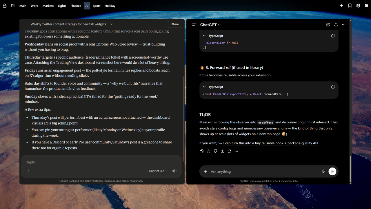 A new tab page dashboard on the AI tab showing two AI assistant panels side by side on a scenic aerial landscape background. On the left, a Claude conversation titled 'Weekly Twitter content strategy for new tab widgets' displaying a day-by-day content plan with Monday through Sunday posts covering product launches, educational features, social proof, and engagement strategies. On the right, a ChatGPT conversation showing TypeScript code snippets for a RenderOnViewportEntry component using useEffect and React.forwardRef, with a TL;DR summary about moving an intersection observer into useEffect. A tab bar at the top shows pages labelled Main, Work, Markets, Lights, Finance, AI (active), Sport, and Holiday.