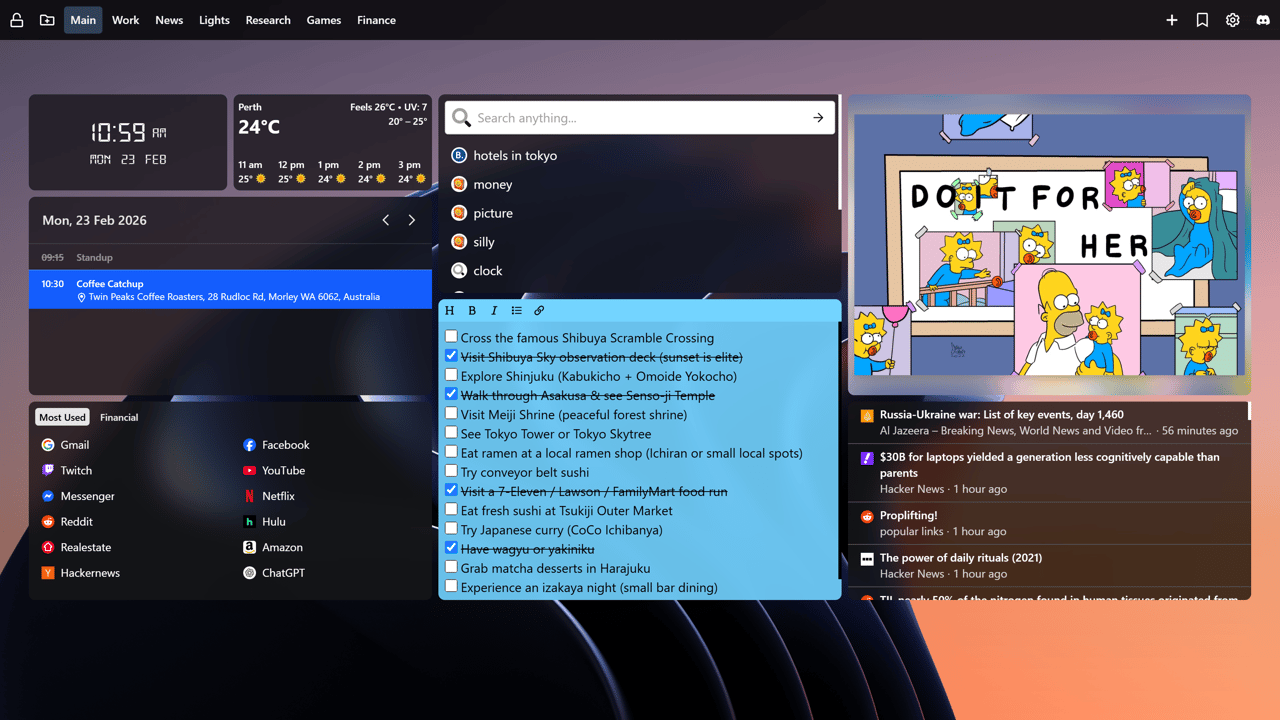 Custom Chrome new tab dashboard using New Tab Widgets extension showcasing a digital clock, weather, Google calendar events, task list in a sticky note widget, music player controls for Spotify, a project deadline countdown, TradingView finance stock market tracker, RSS news feed, calculator, Philips Hue smart home lighting controls, CPU and memory monitors, search bar and an image of a Bichon Frise set using the custom image widget, displayed on a scenic painted landscape background.