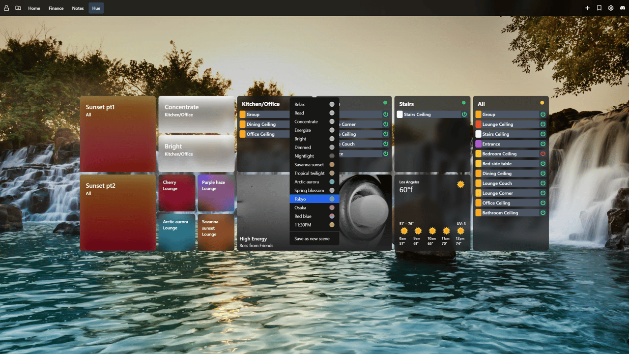 Custom new tab dashboard with Philips Hue smart lighting controls. Multiple widgets show preset lighting scenes like Sunset, Concentrate, and Bright, along with room-specific controls for Kitchen, Office, Stairs, and Lounge. A dropdown menu allows switching between color themes such as Arctic aurora and Tokyo. Weather forecast for Los Angeles is displayed on the right, all over a scenic waterfall background.