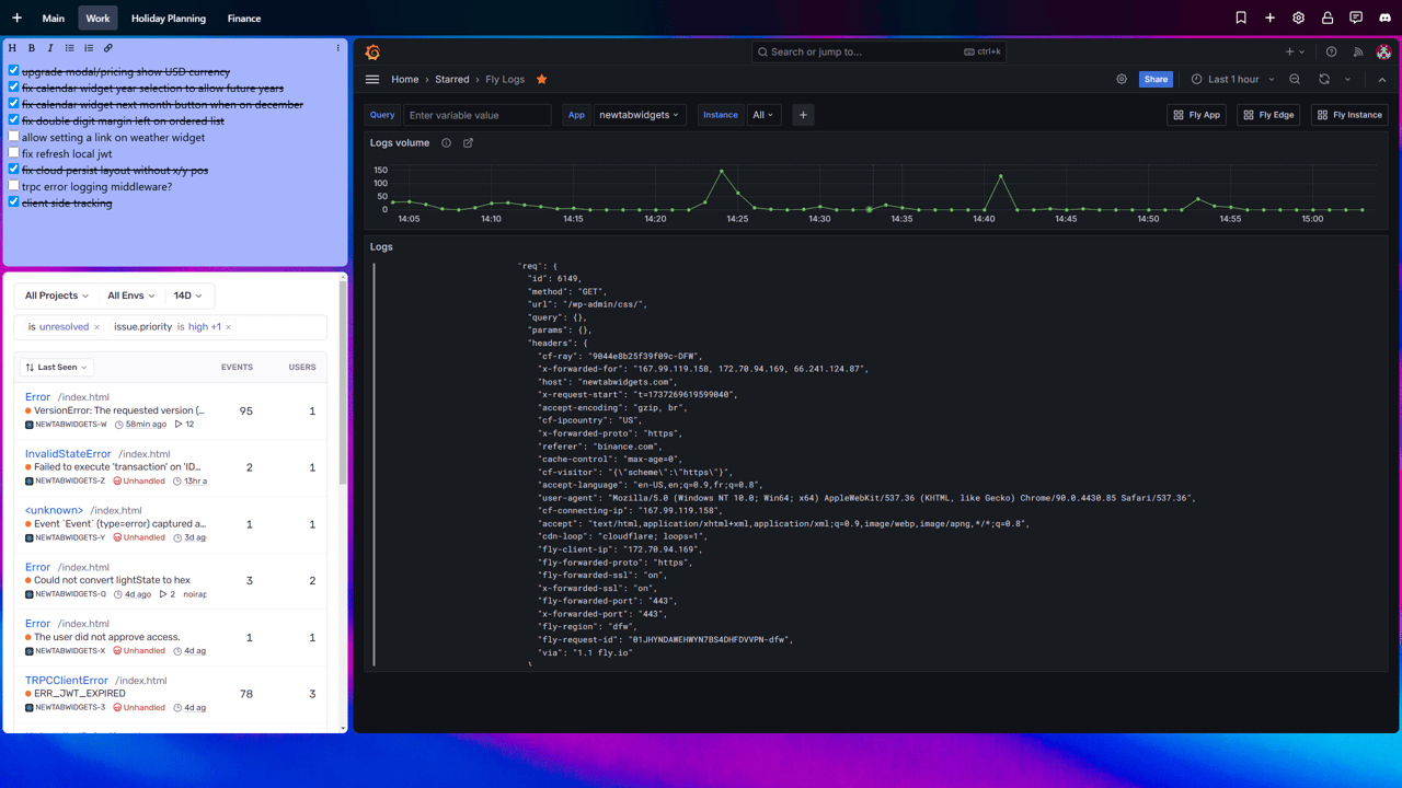 Developer dashboard combining Sentry issue tracking on the left with unresolved high-priority errors, and Grafana logging panel on the right displaying JSON request data and traffic graphs. The setup provides real-time monitoring, error tracking, and log analysis for application performance and debugging.