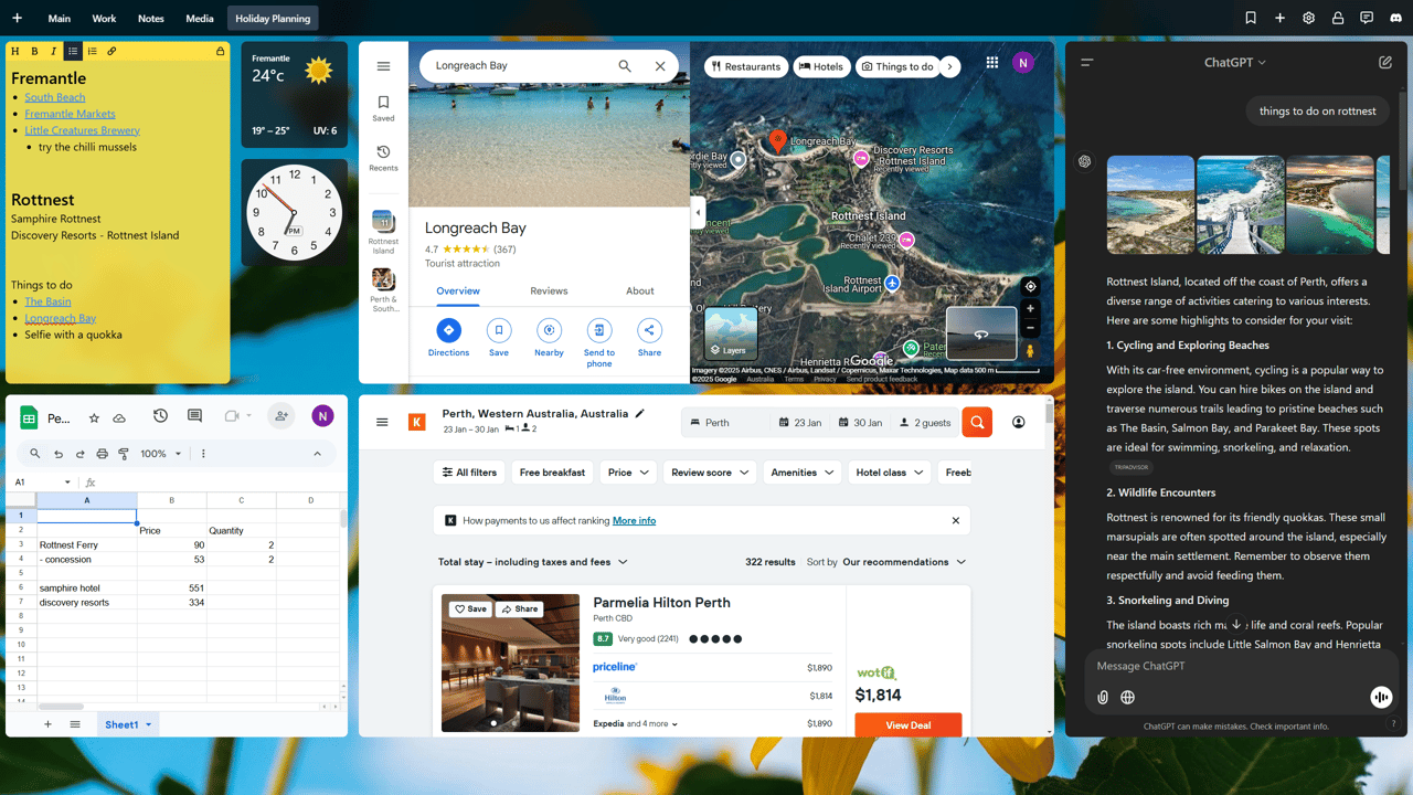 Holiday planning dashboard with multiple widgets and tools. On the left, sticky notes list activities in Fremantle and Rottnest Island, with weather, clock, and Google Sheets budget. The center uses an iframe widget to embed Google Maps with Longreach Bay and a KAYAK hotel booking site for Perth. On the right, ChatGPT provides travel recommendations for Rottnest Island, including cycling, wildlife encounters, and snorkeling.